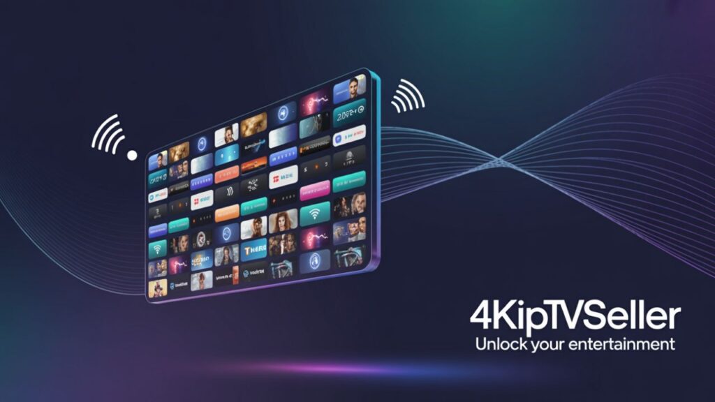 Featured image showing a minimalist digital illustration of Best IPTV Providers and top streaming services for live TV with neon blue tech elements and the signature 4kIPTVSELLER.
