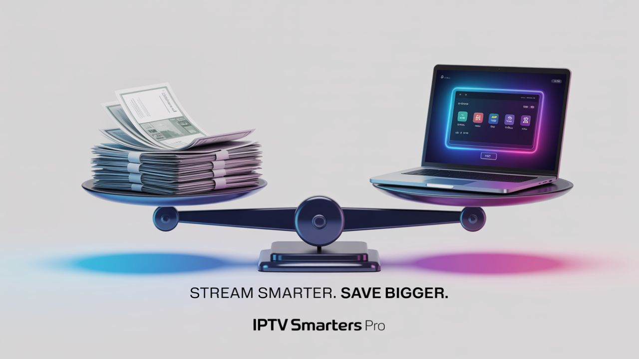 Balance futuriste comparant des factures de câble coûteuses à un ordinateur portable affichant IPTV Smarters Pro, symbolisant économies et efficacité.