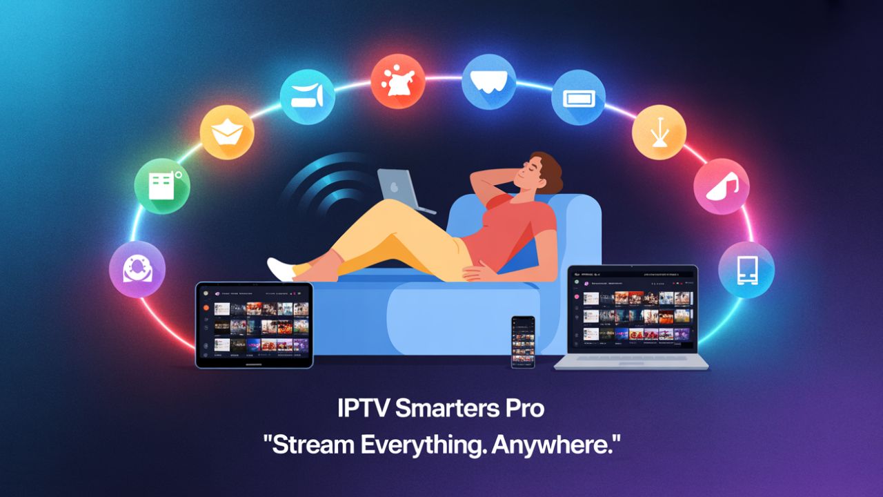 Visuel coloré montrant une personne détendue sur un canapé avec plusieurs écrans IPTV Smarters Pro et des icônes flottantes de streaming illimité.