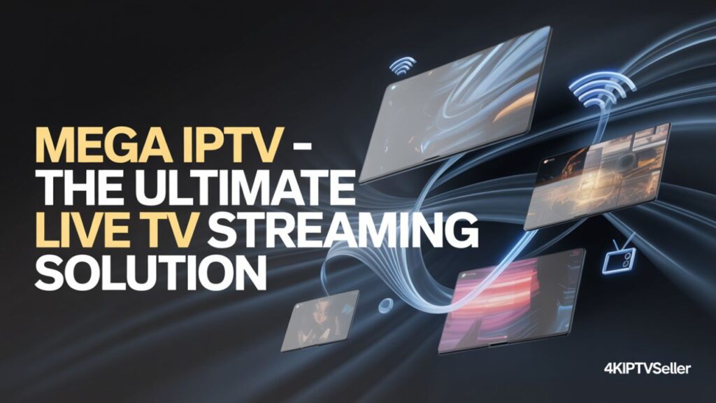 Mega IPTV featured banner with streaming icons and 4KIPTVseller signature.
