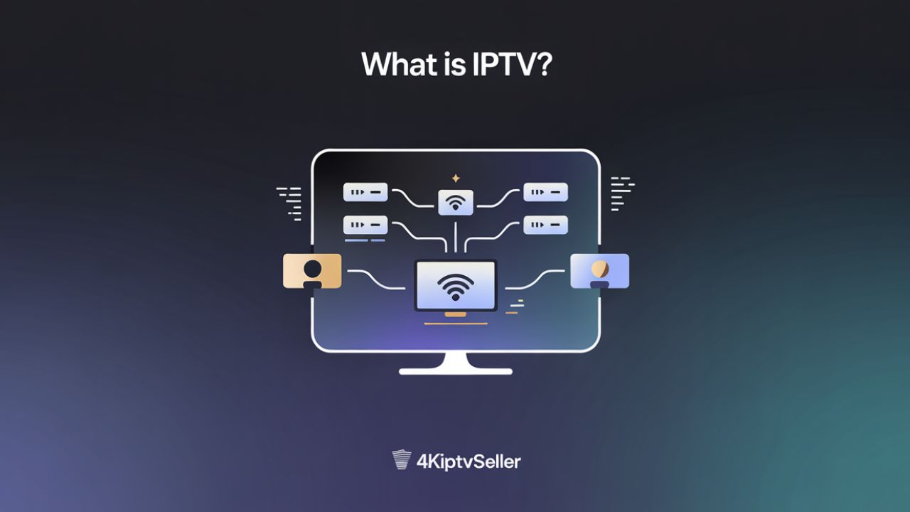 Digital illustration explaining What is IPTV with modern streaming symbols and 4KIPTVSELLER branding.