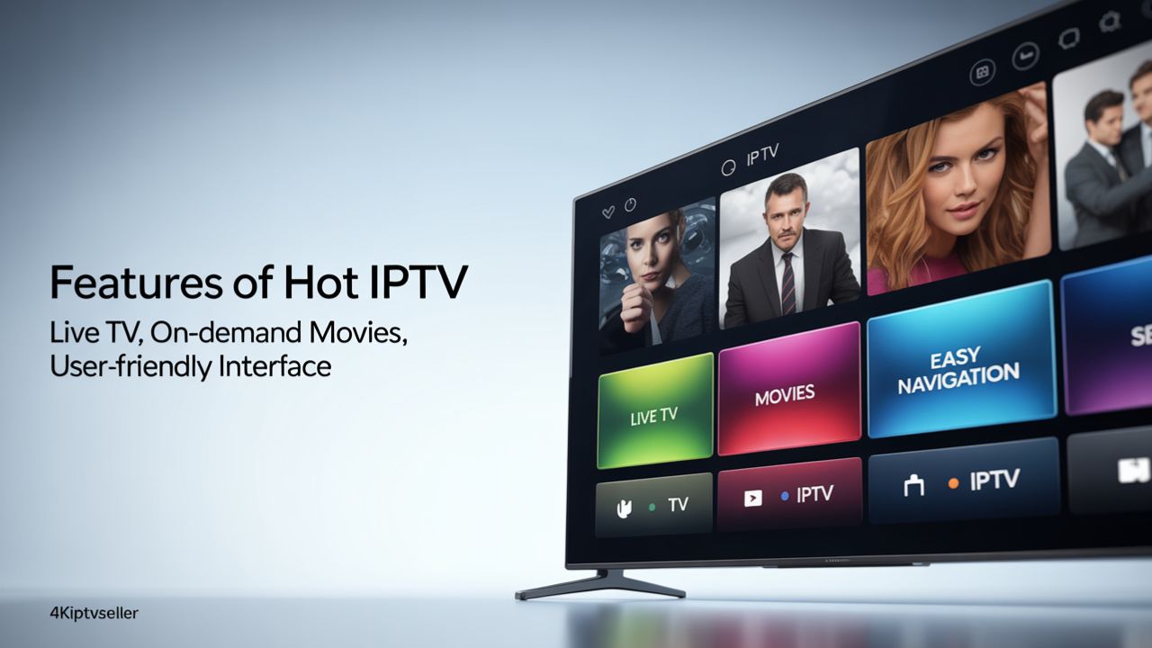 Hot IPTV features image with a smart TV interface displaying Live TV, Movies, Series, and Easy Navigation, highlighting the platform’s entertainment options.