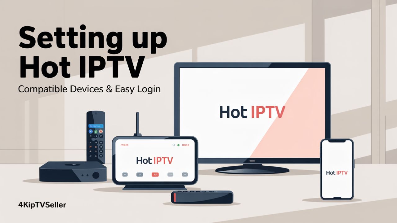 Hot IPTV setup illustration showing compatible devices like smart TVs, Android TV boxes, Fire TV Sticks, and smartphones with easy login integration.